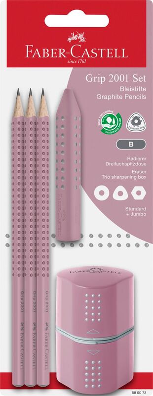 Faber Castell Μολύβι Grip B Ροζέ Shadow 3Τμχ & Ξύστρα Grip & Γόμα Grip (129580073)