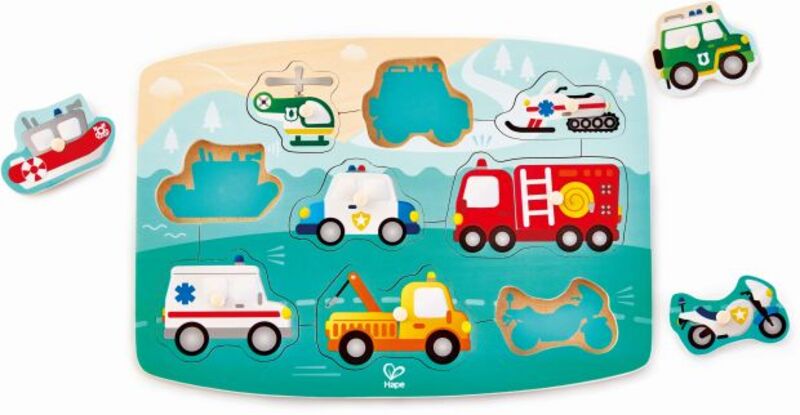Hape Happy Puzzles Ξύλινο Παζλ Οχήματα Emergency Peg (E1406A)