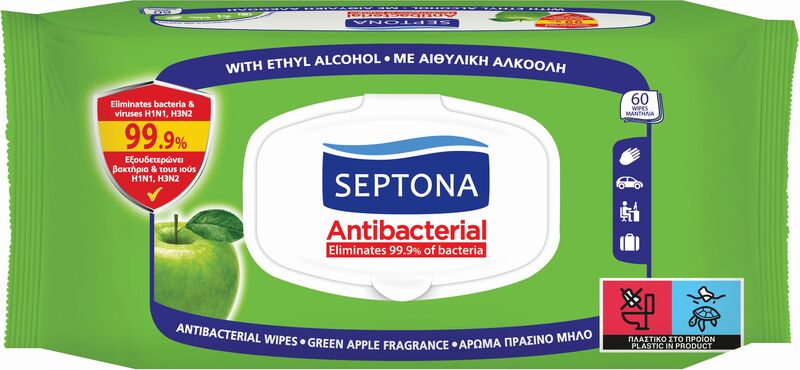 Septona Αντιβακτηριδιακά Μαντηλάκια Refresh Πράσινο Μήλο-60Τμχ (2101030015037)